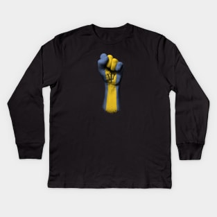 Flag of Barbados on a Raised Clenched Fist Kids Long Sleeve T-Shirt